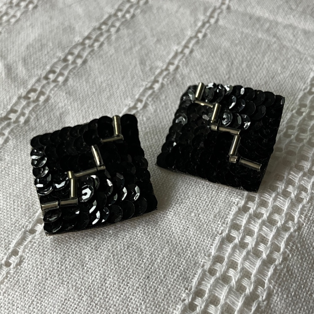 Vintage Black Sequin &‎ Bead Post Earrings 1” Square